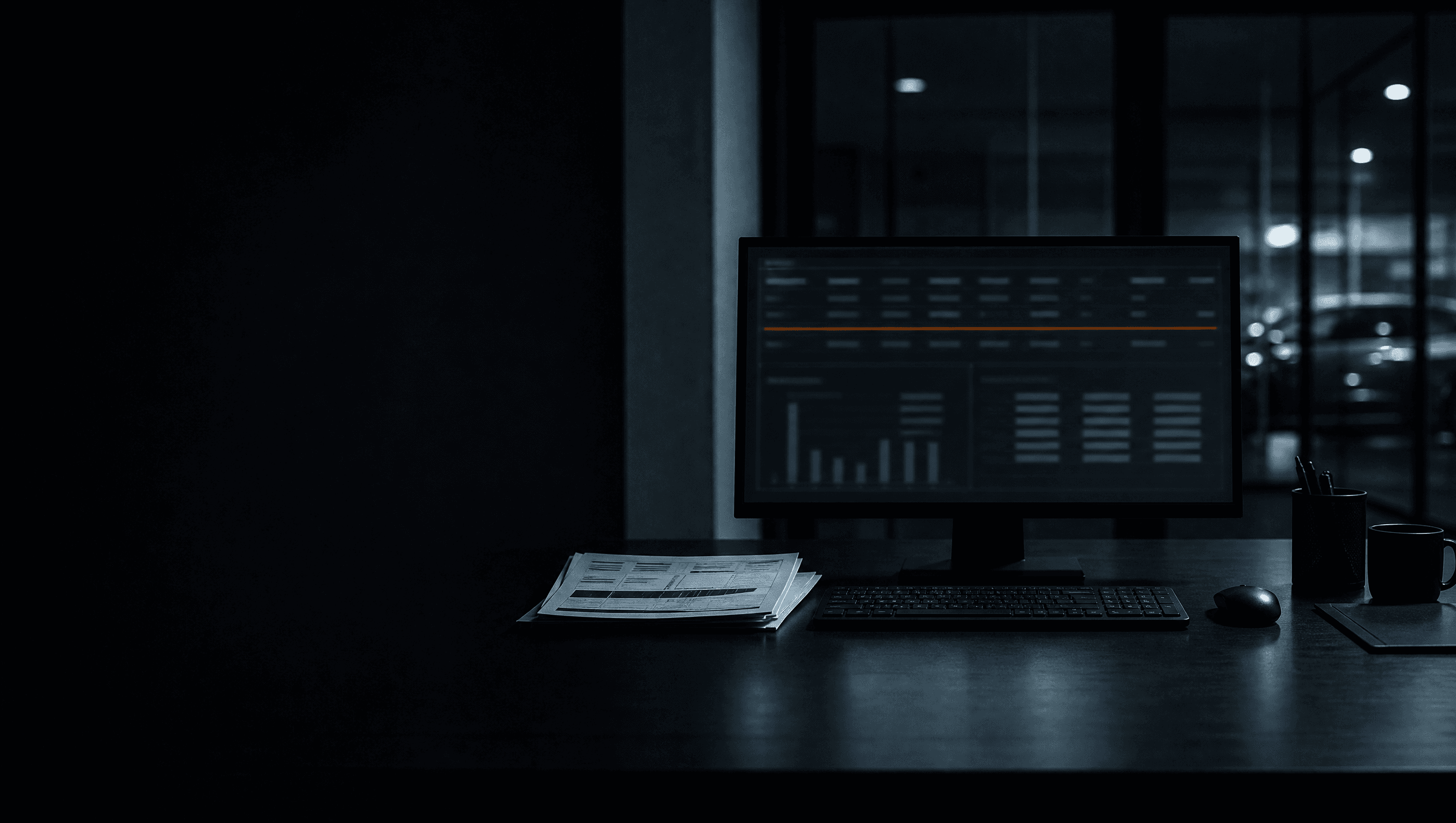 Monitor con grafici e report sulla scrivania di una concessionaria